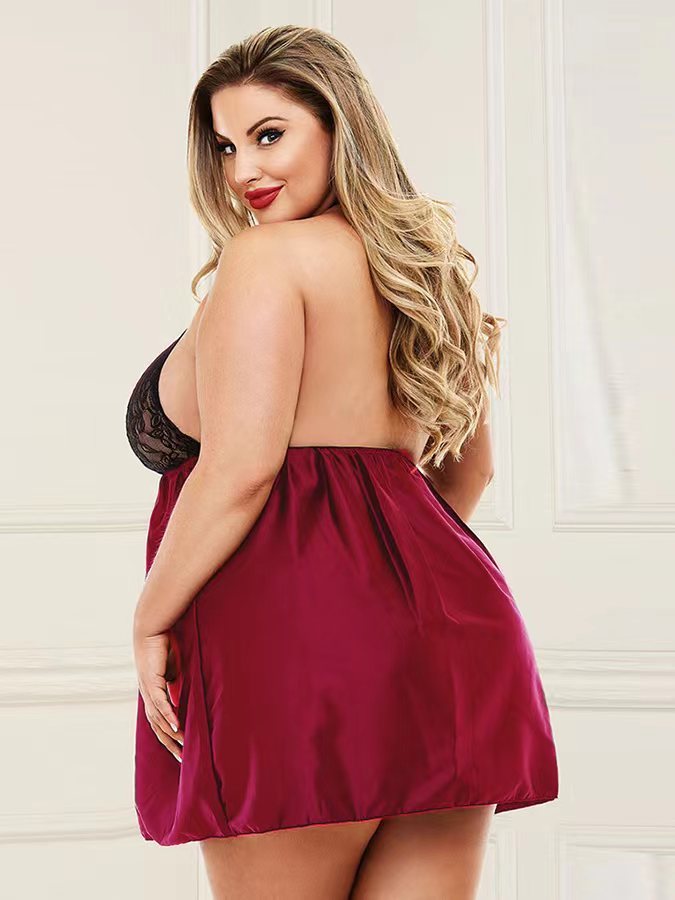 Plump Lingerie Sexy Lace Nightgown Sheer Cutout Home Pajamas shown front-on on model — Fifi London Spring collection