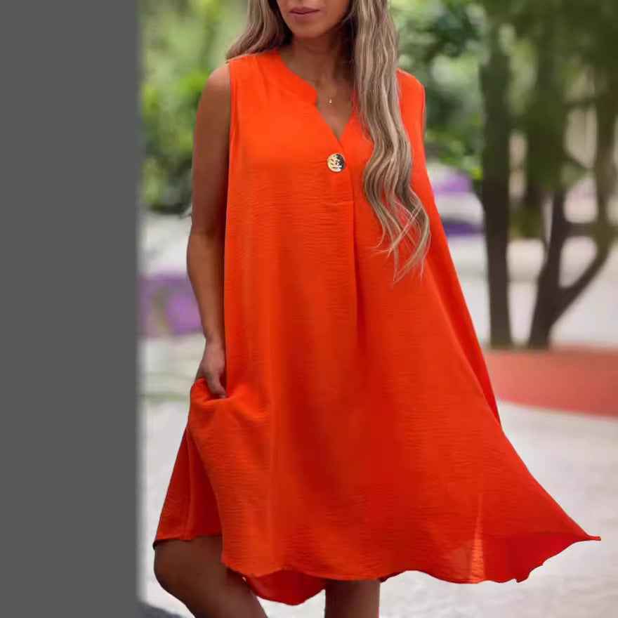 Solid color button detail dress 