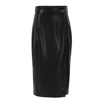 Slit Leather Sexy Mid-Length Skirt High Waist Skirt shown front-on on model — Fifi London Autumn collection