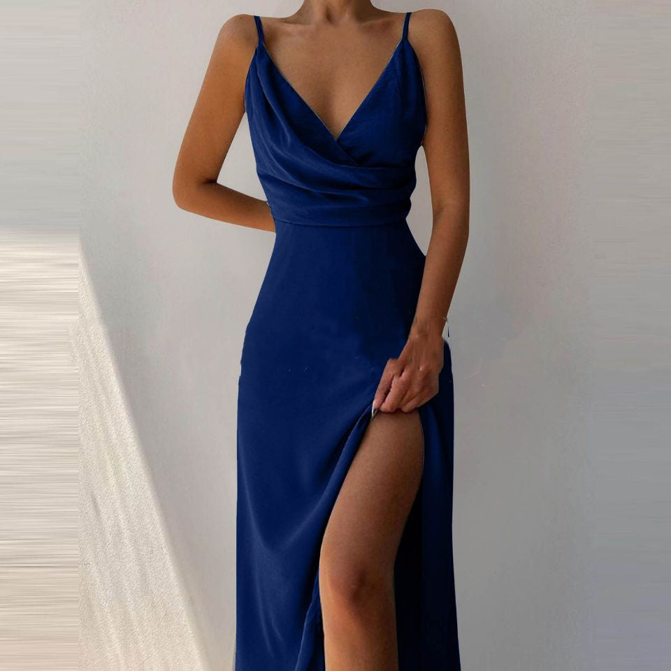 V-Neck Slit Sling Dress shown front-on on model — Fifi London Summer collection