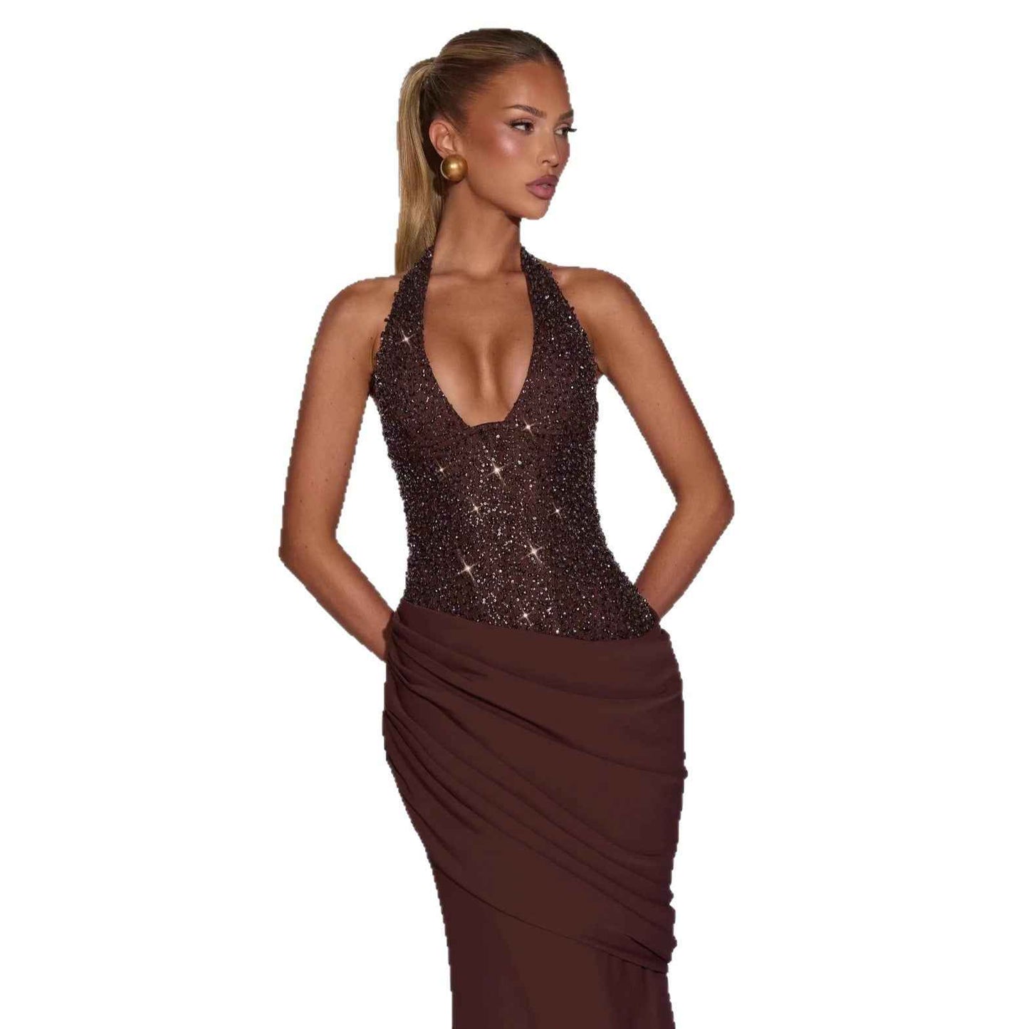 Body-con Sparkle Irregular Draped Evening Dress Women's Long Gown