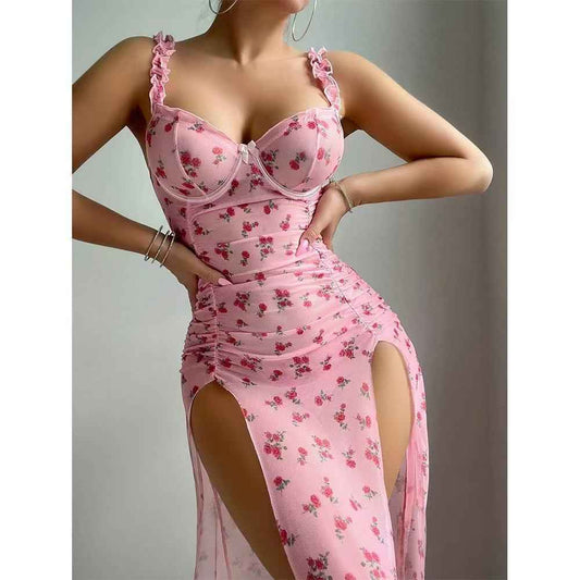 Sexy Lingerie Pink Valentine’s Day Long Skirt Thong Two Piece Set shown front-on on model — Fifi London Winter collection