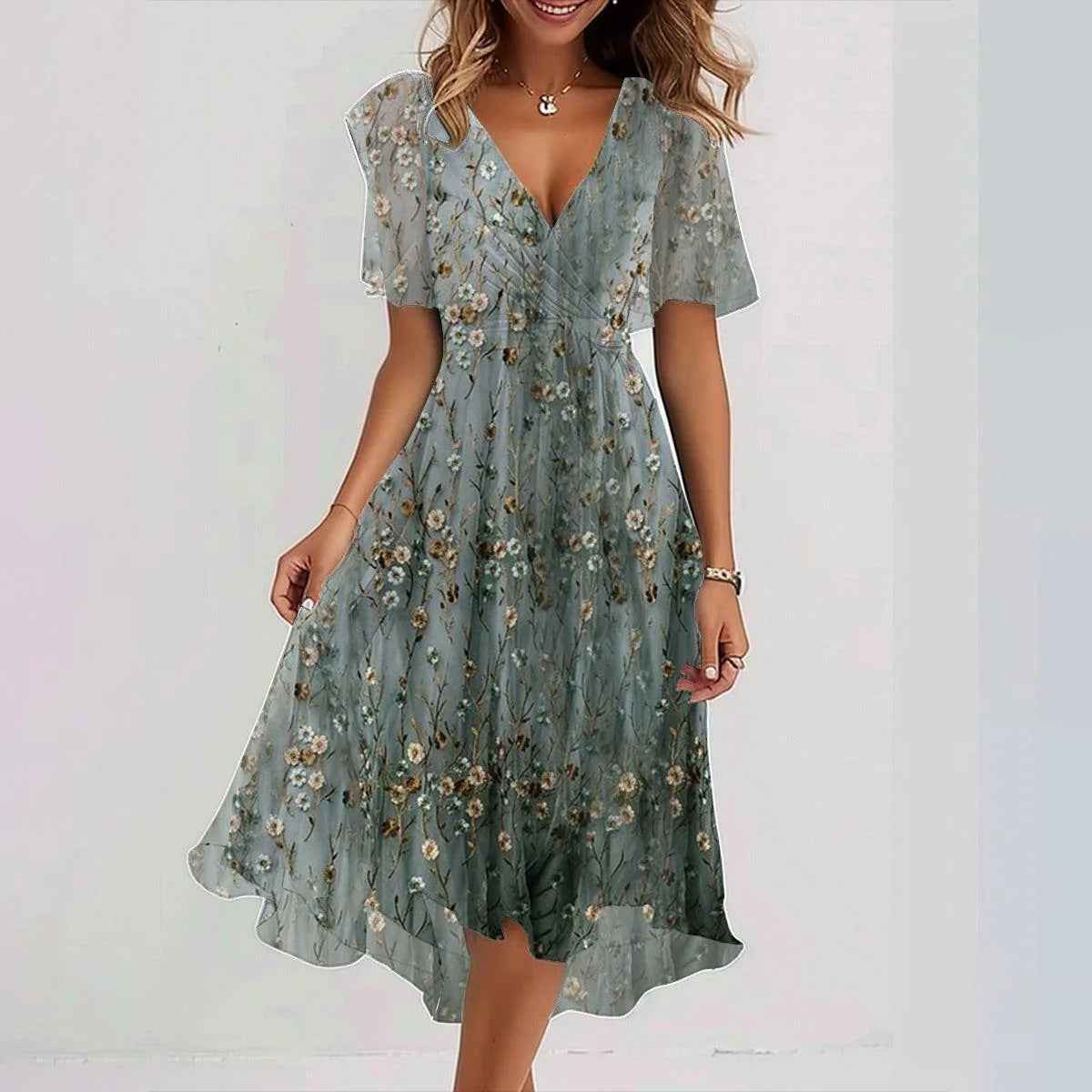 Chiffon printed V-neck dress