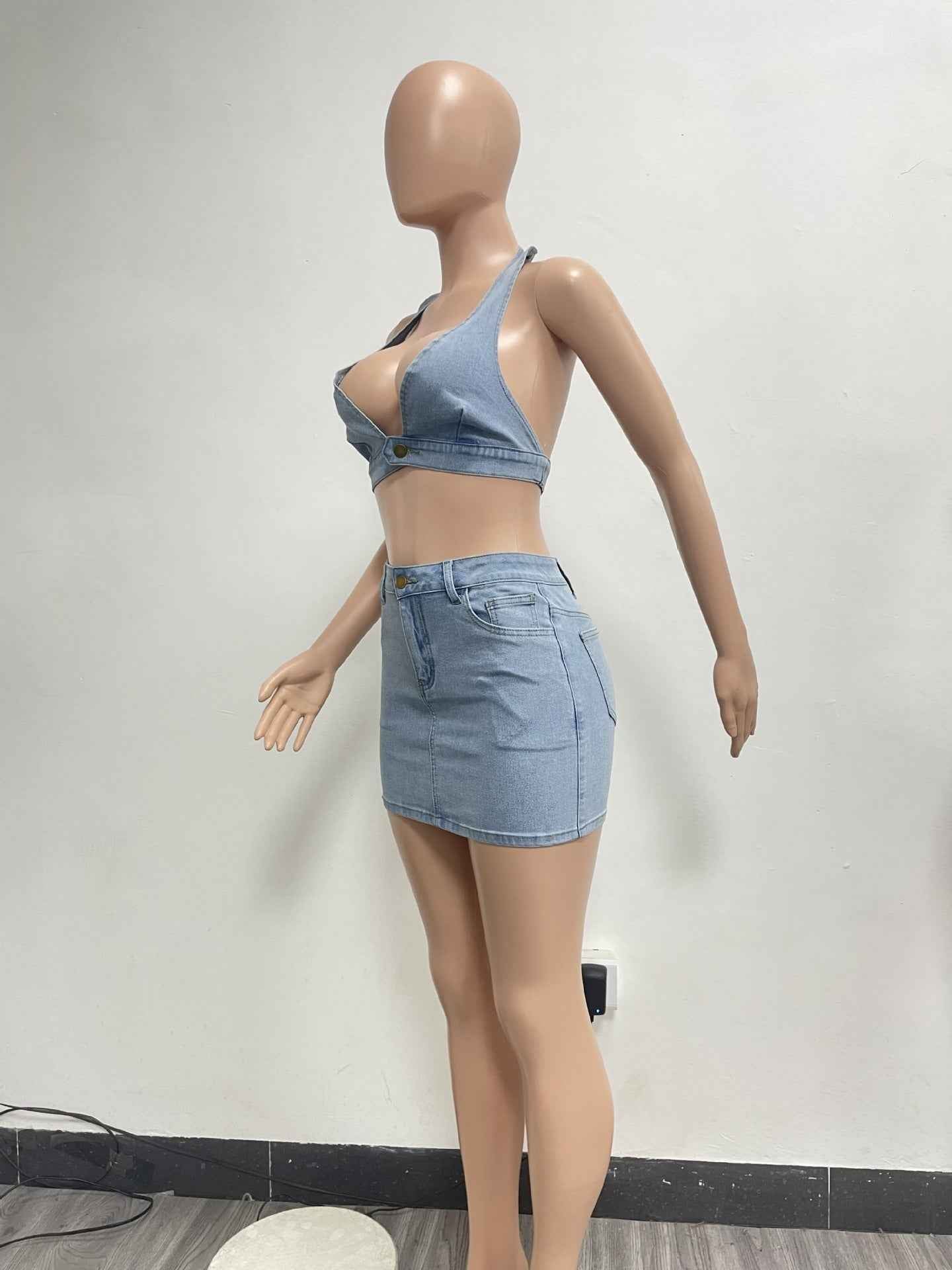 Washed Elastic Denim Casual Sexy Skirt Suit shown front-on on model — Fifi London Summer collection
