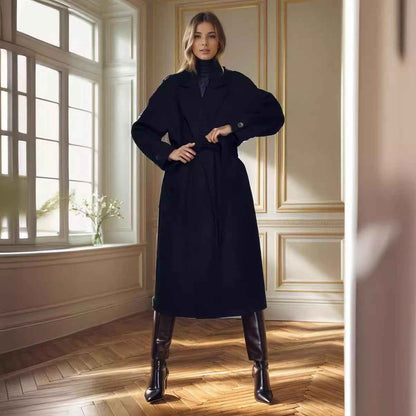 Padded Lapel Super Long Slim Jacket shown front-on on model — Fifi London Autumn collection
