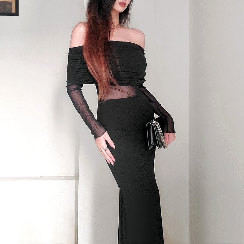 Women’s Winter Sexy Off-the-Shoulder Pleated Long Sleeve Polyester Dress shown front-on on model — Fifi London Winter collection