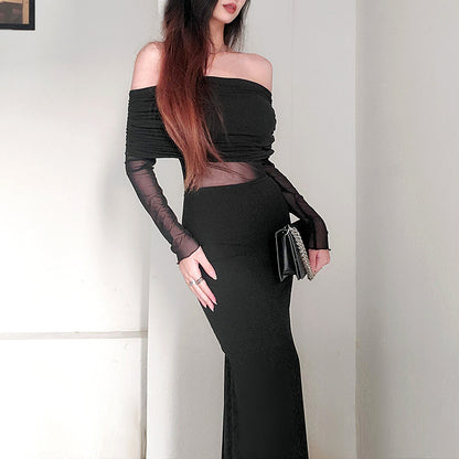 Women’s Winter Sexy Off-the-Shoulder Pleated Long Sleeve Polyester Dress shown front-on on model — Fifi London Winter collection