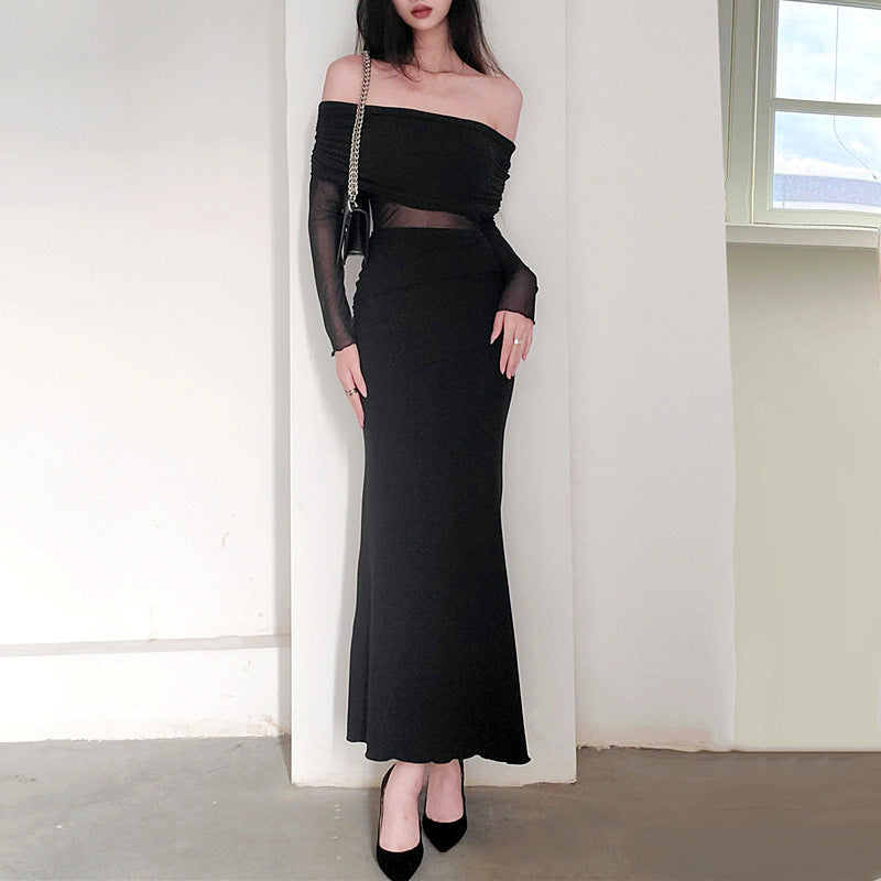 Women’s Winter Sexy Off-the-Shoulder Pleated Long Sleeve Polyester Dress shown front-on on model — Fifi London Winter collection