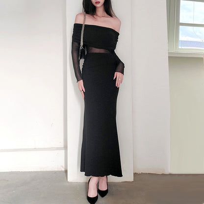 Women’s Winter Sexy Off-the-Shoulder Pleated Long Sleeve Polyester Dress shown front-on on model — Fifi London Winter collection