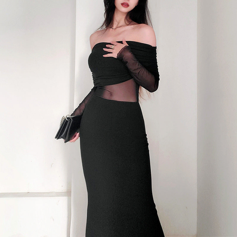 Women’s Winter Sexy Off-the-Shoulder Pleated Long Sleeve Polyester Dress shown front-on on model — Fifi London Winter collection