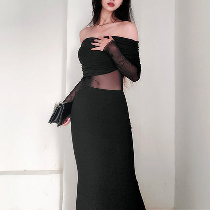 Women’s Winter Sexy Off-the-Shoulder Pleated Long Sleeve Polyester Dress shown front-on on model — Fifi London Winter collection