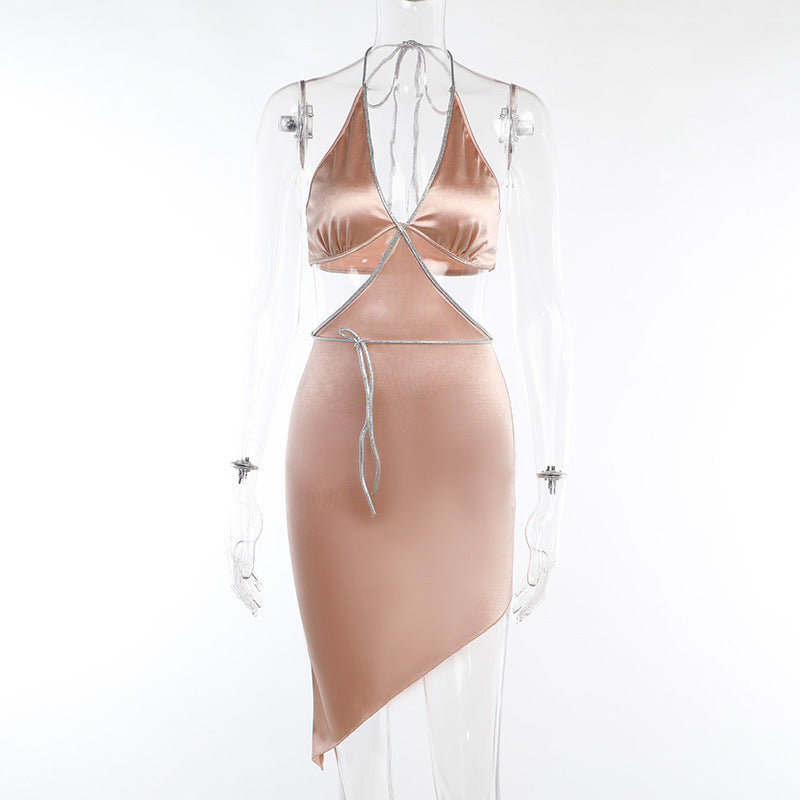 European and American Holiday Slim Fit Sexy Deep V Dress shown front-on on model — Fifi London Summer collection