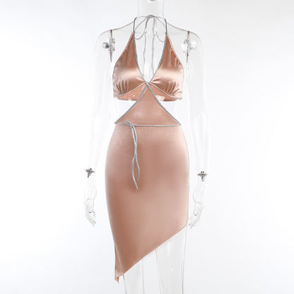 European and American Holiday Slim Fit Sexy Deep V Dress shown front-on on model — Fifi London Summer collection