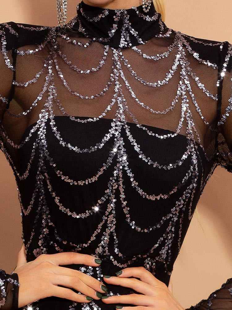 Women’s Long Sleeve Sequin Party Dress shown front-on on model — Fifi London Winter collection