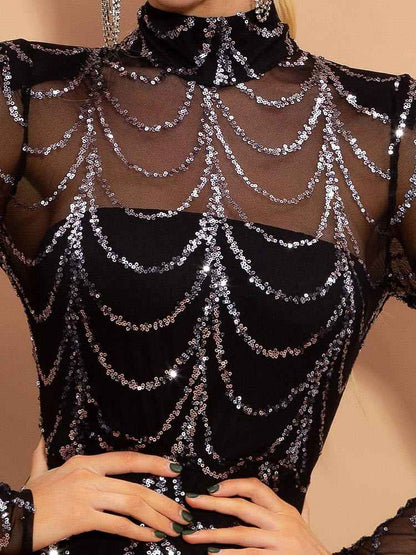 Women’s Long Sleeve Sequin Party Dress shown front-on on model — Fifi London Winter collection
