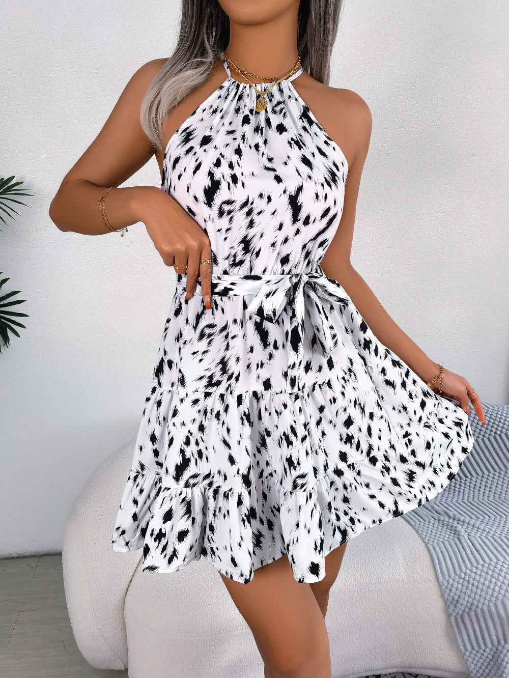 Women’s Ruffle Hem Midi Dress shown front-on on model — Fifi London Summer collection