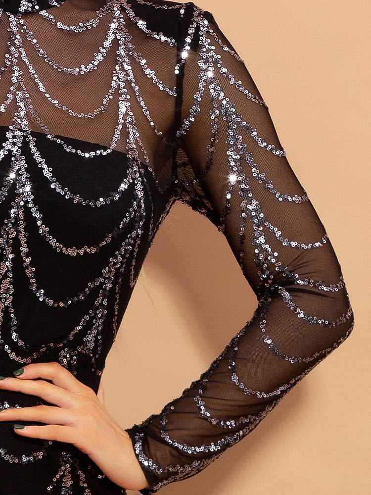 Women’s Long Sleeve Sequin Party Dress shown front-on on model — Fifi London Winter collection