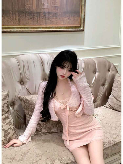 Women’s Slim Fit Slimming Dress Cardigan shown front-on on model — Fifi London Autumn collection