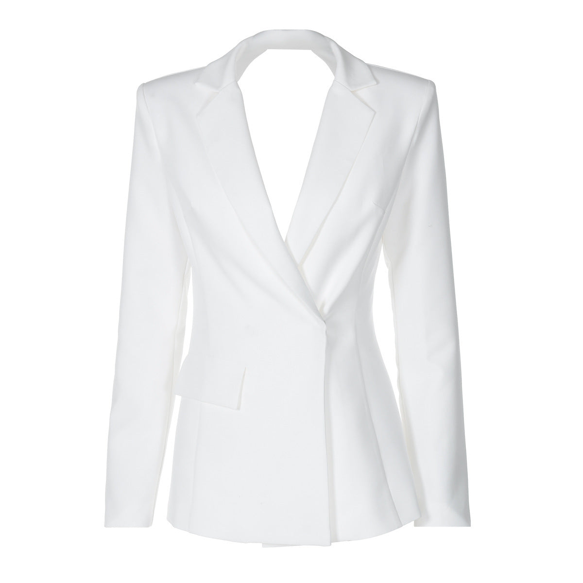 Sexy No Back Slim Fit Long Sleeve Suit Coat shown front-on on model — Fifi London Autumn collection