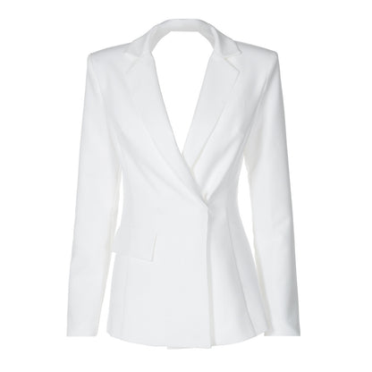 Sexy No Back Slim Fit Long Sleeve Suit Coat shown front-on on model — Fifi London Autumn collection