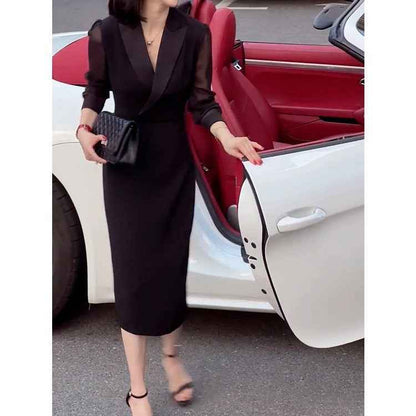 French Style Elegant Lady Hepburn Style Adult Lady-Like Young Black Dress shown front-on on model — Fifi London Autumn collection