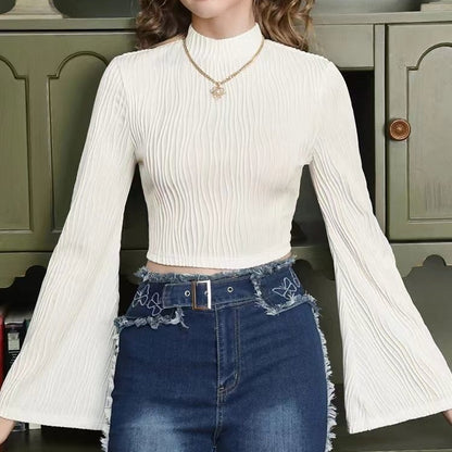 Printed Sexy Lace Thick Long-Sleeved T-Shirt Knitted Sweater shown front-on on model — Fifi London Autumn collection