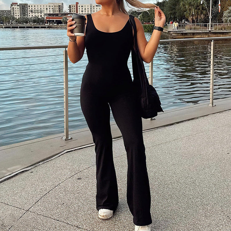 Slim Fit Hip Raise Jumpsuit shown front-on on model — Fifi London Summer collection