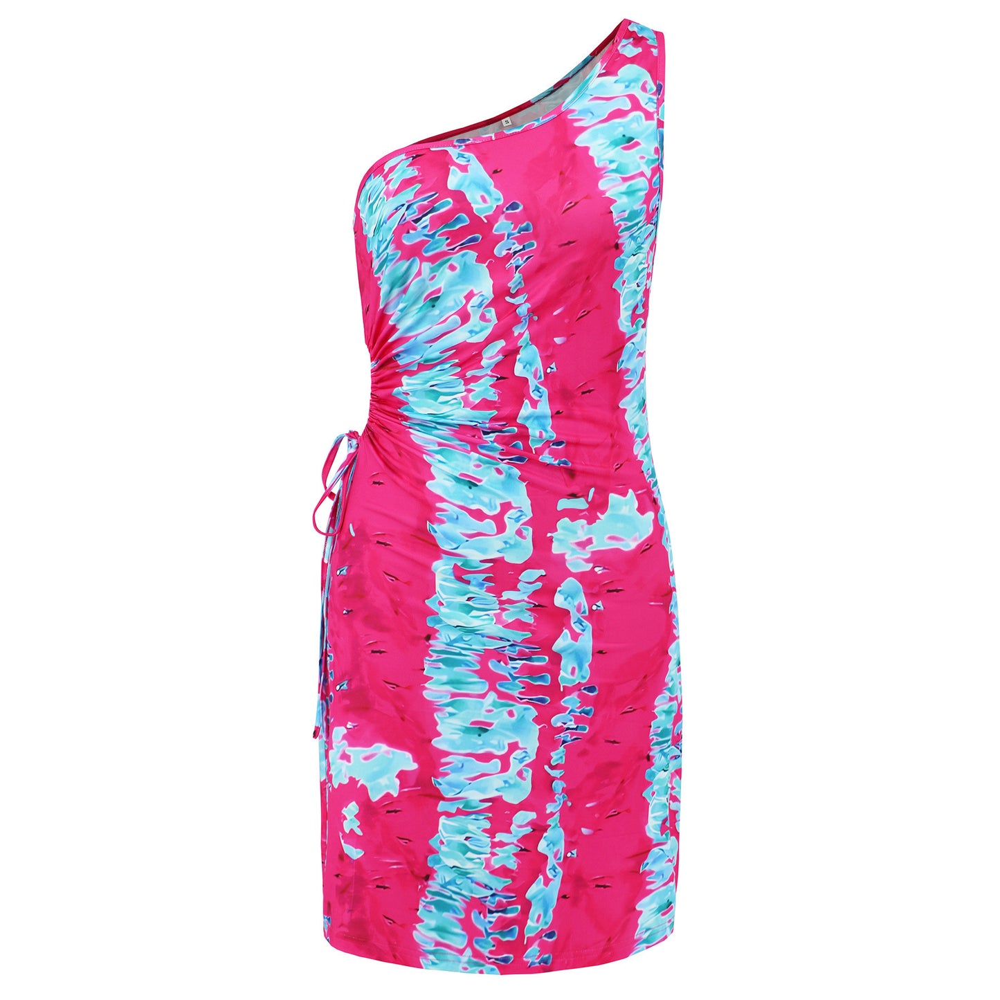 Women's one-shoulder tie-dye printed dress shown front-on on model — Fifi London Summer party collection