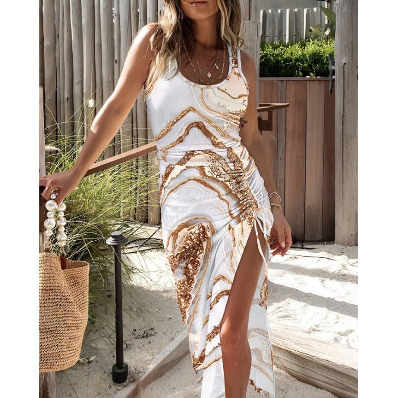 Fashion Waist-Controlled Slimming Sexy Split Vest Dress shown front-on on model — Fifi London Summer collection