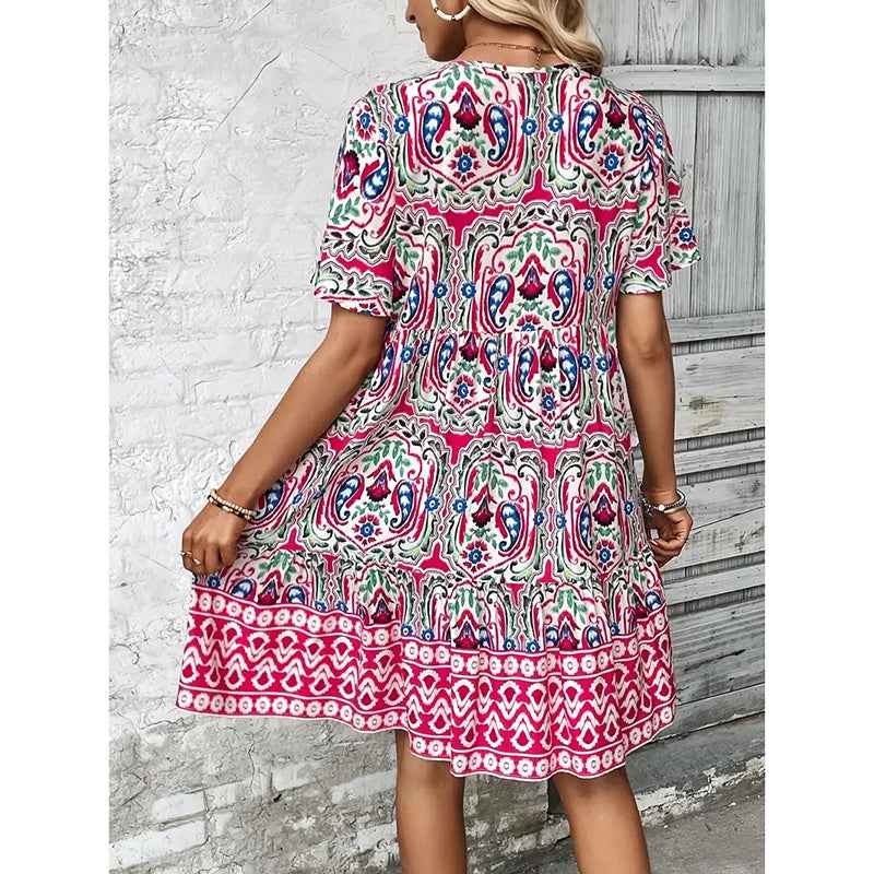Women Casual Summer Dress Boho Drawstring V Neck Short Sleeve Floral Print Flowy Beach Dress