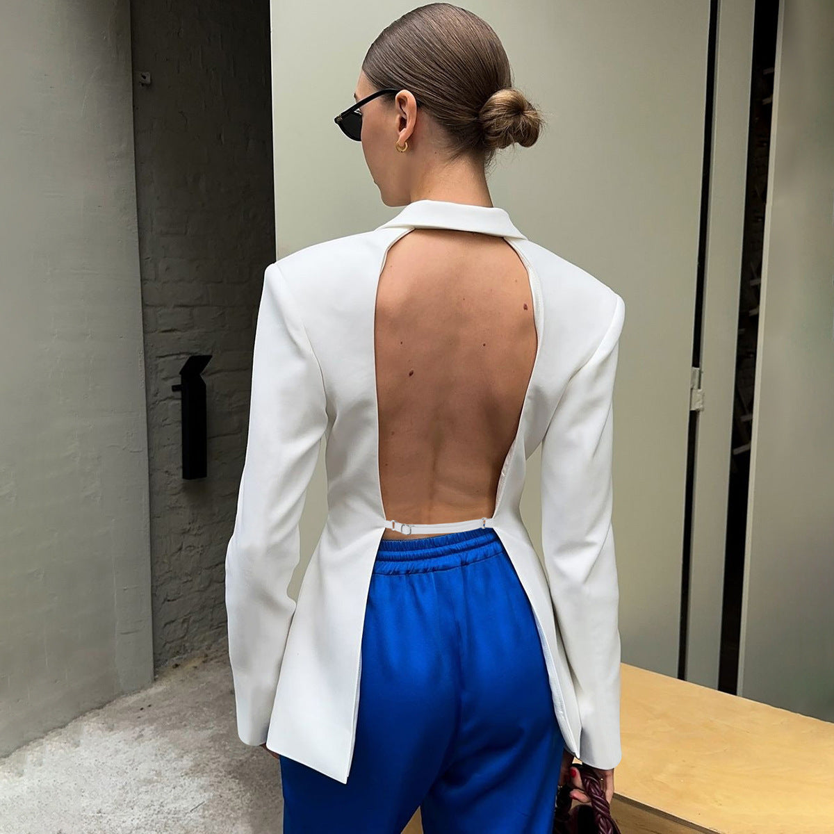 Sexy No Back Slim Fit Long Sleeve Suit Coat shown front-on on model — Fifi London Autumn collection