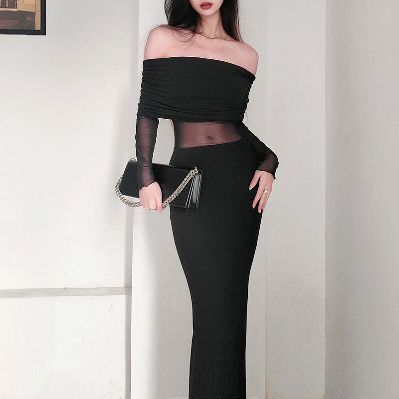 Women’s Winter Sexy Off-the-Shoulder Pleated Long Sleeve Polyester Dress shown front-on on model — Fifi London Winter collection