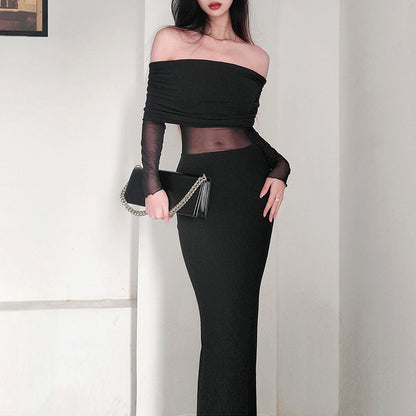 Women’s Winter Sexy Off-the-Shoulder Pleated Long Sleeve Polyester Dress shown front-on on model — Fifi London Winter collection