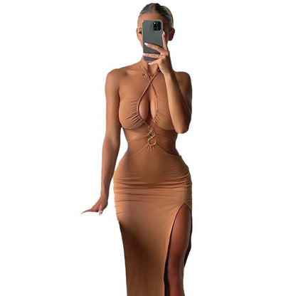 Women’s Party Dress Sexy Cutout Lace-Up High Slit Long Dress shown front-on on model — Fifi London Summer collection