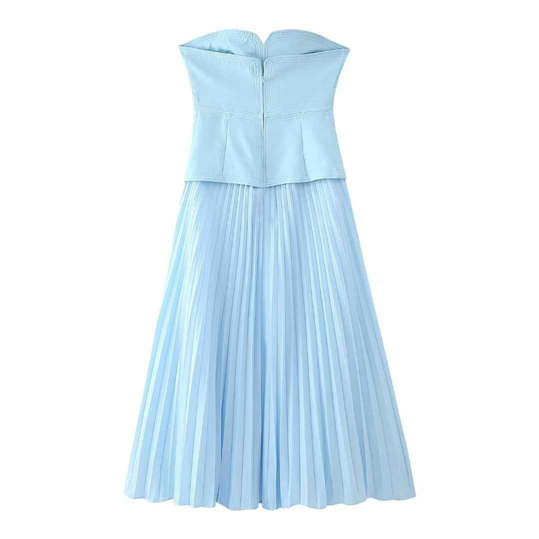 Sweet Girlish Tube Top Suspender Skirt Hollow Design Sexy Pleated Skirt shown front-on on model — Fifi London Summer collection
