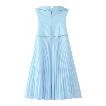 Sweet Girlish Tube Top Suspender Skirt Hollow Design Sexy Pleated Skirt shown front-on on model — Fifi London Summer collection