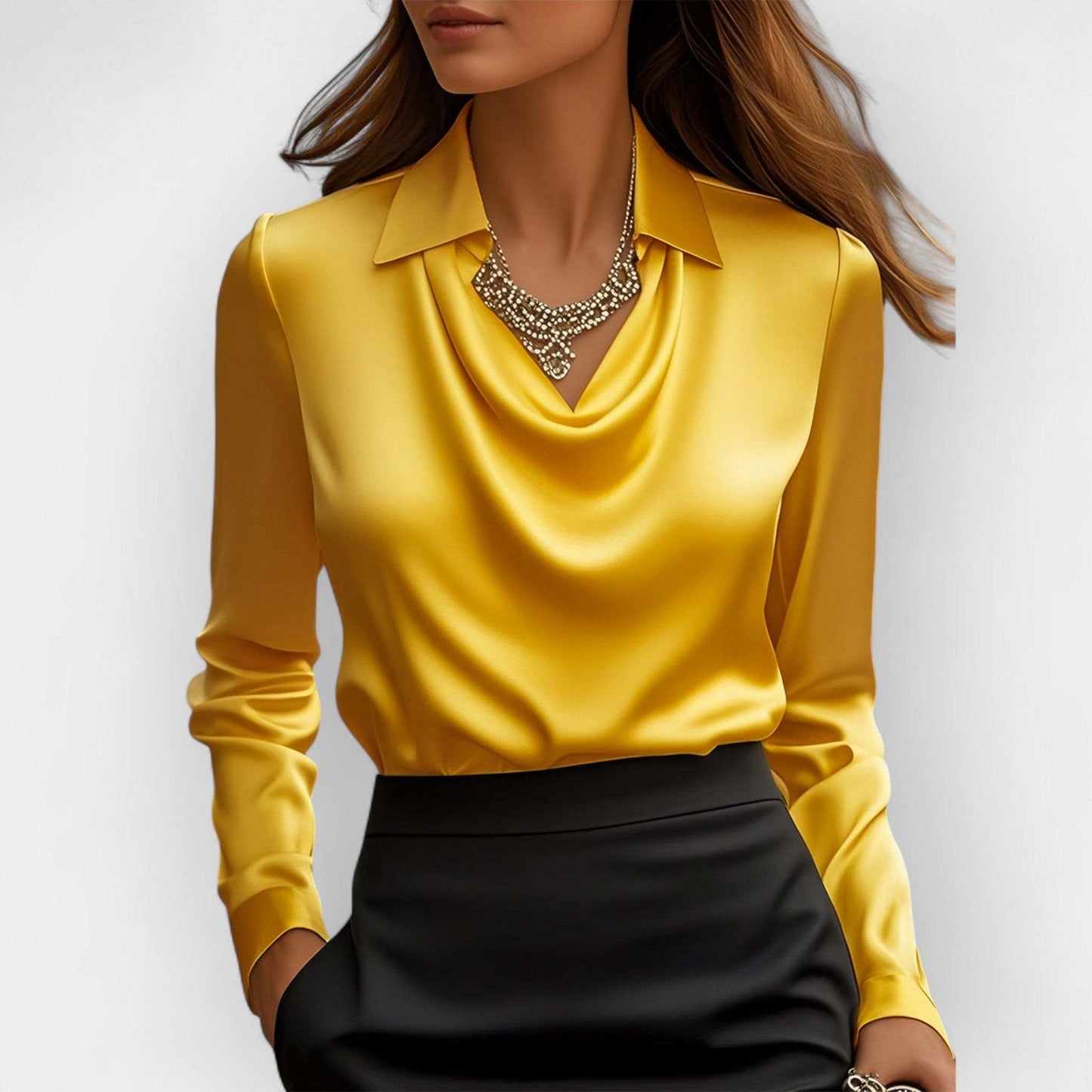 Women’s Swing Collar Draped Shirts Blouses Elegant Solid shown front-on on model — Fifi London Spring collection