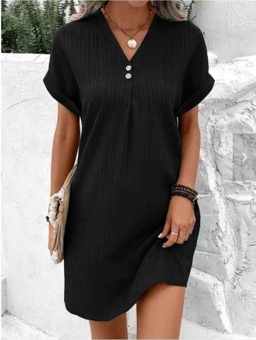 Women's V-Neck Short Sleeve Casual Dress shown front-on on model with button detail — green vertical stripe mini dress, Fifi London collection