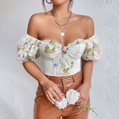 Sexy Street Backless Hot Girl Puff Sleeve T-Shirt shown front-on on model — Fifi London Summer collection