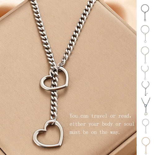 Stainless Steel Lariat Heart Necklace Personality Heavy Ring Cuban Long Chain Punk Rock Slipchain Choker Collar For Women Men - FIFI LONDON