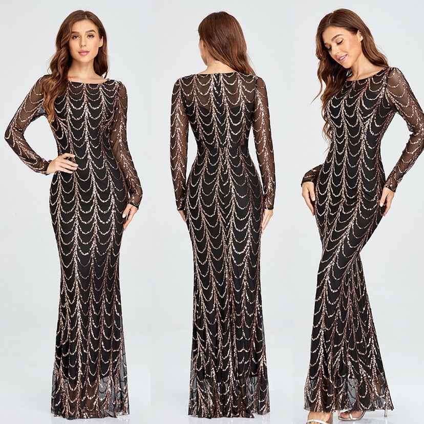 Women’s Long Sleeve Sequin Party Dress shown front-on on model — Fifi London Winter collection