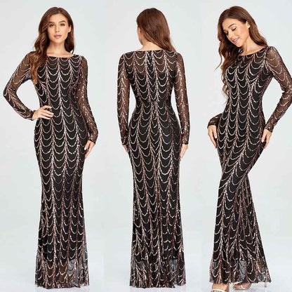 Women’s Long Sleeve Sequin Party Dress shown front-on on model — Fifi London Winter collection