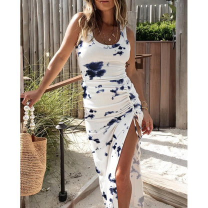Fashion Waist-Controlled Slimming Sexy Split Vest Dress shown front-on on model — Fifi London Summer collection