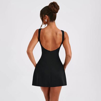 Sexy Slim Fitting Backless Dress Summer Sleeveless Short Dresses shown front-on on model — Fifi London Summer collection