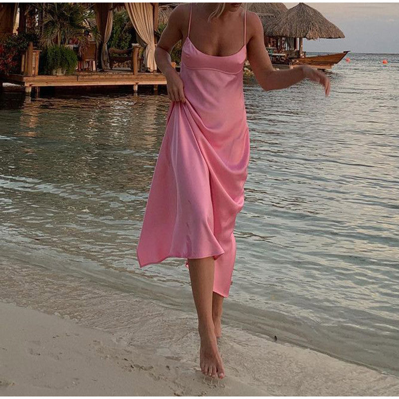 Women’s Satin Midi Slip Dress shown front-on on model — Fifi London Summer collection