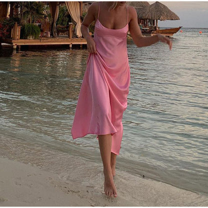 Women’s Satin Midi Slip Dress shown front-on on model — Fifi London Summer collection