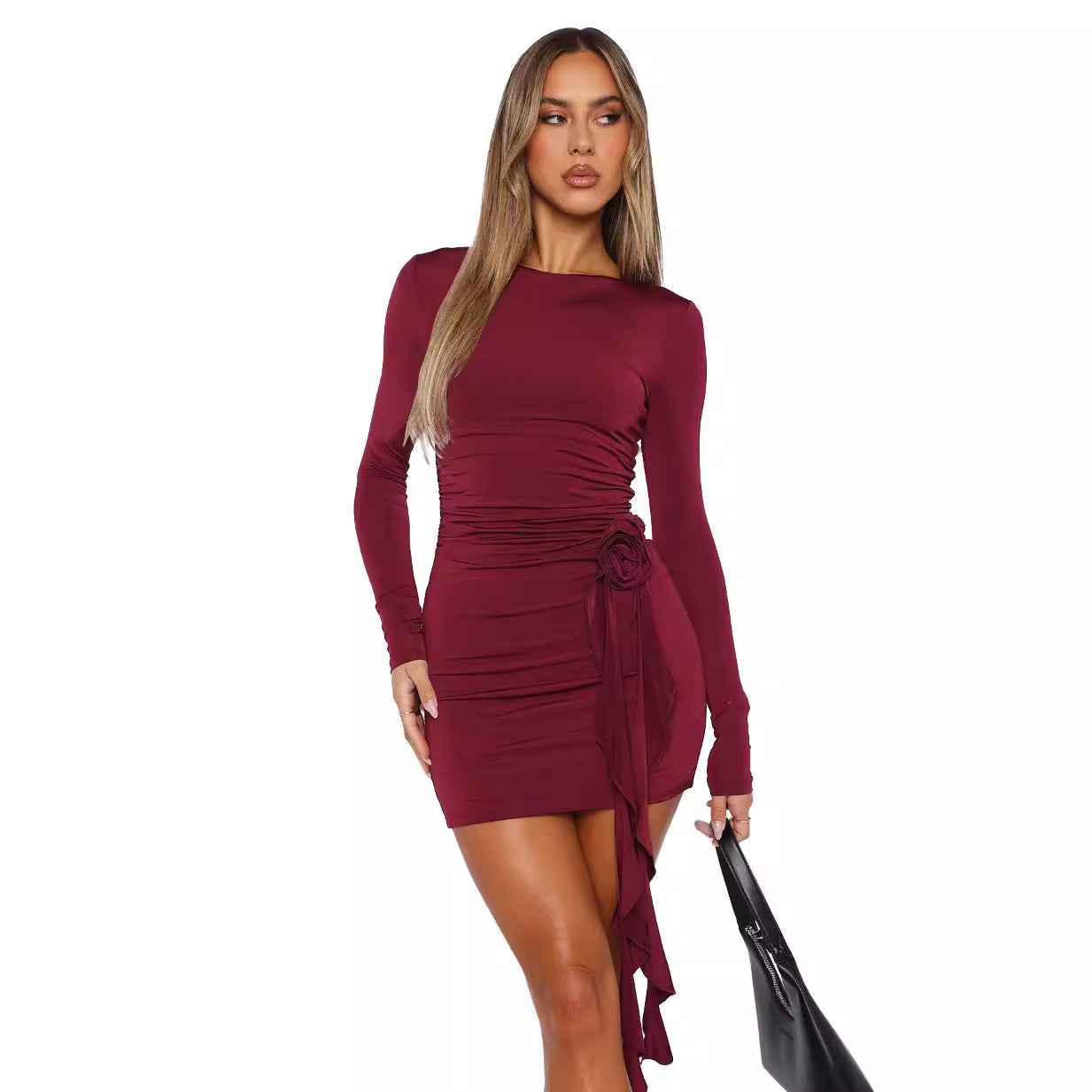 European and American Style New Solid Colour Long Sleeve Dress shown front-on on model — Fifi London Spring collection