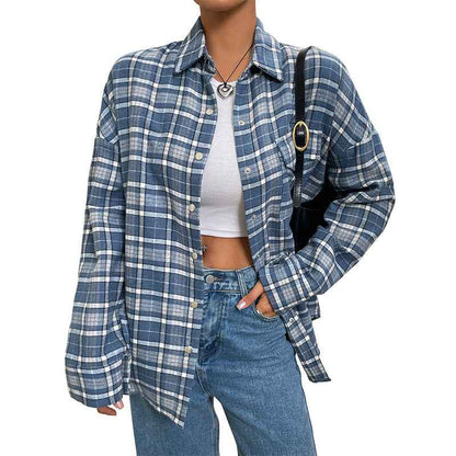 Classic Check Thin Shirt Coat Women’s Loose Casual shown front-on on model — Fifi London Autumn collection 