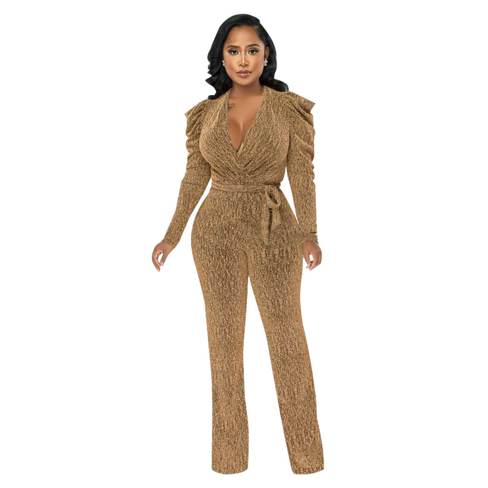 Sexy Waist Trimming V-Neck Puff Sleeve Glossy Knitted Jumpsuit shown front-on on model — Fifi London Autumn collection