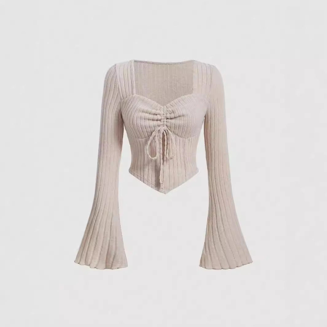 Printed Sexy Lace Thick Long-Sleeved T-Shirt Knitted Sweater shown front-on on model — Fifi London Autumn collection